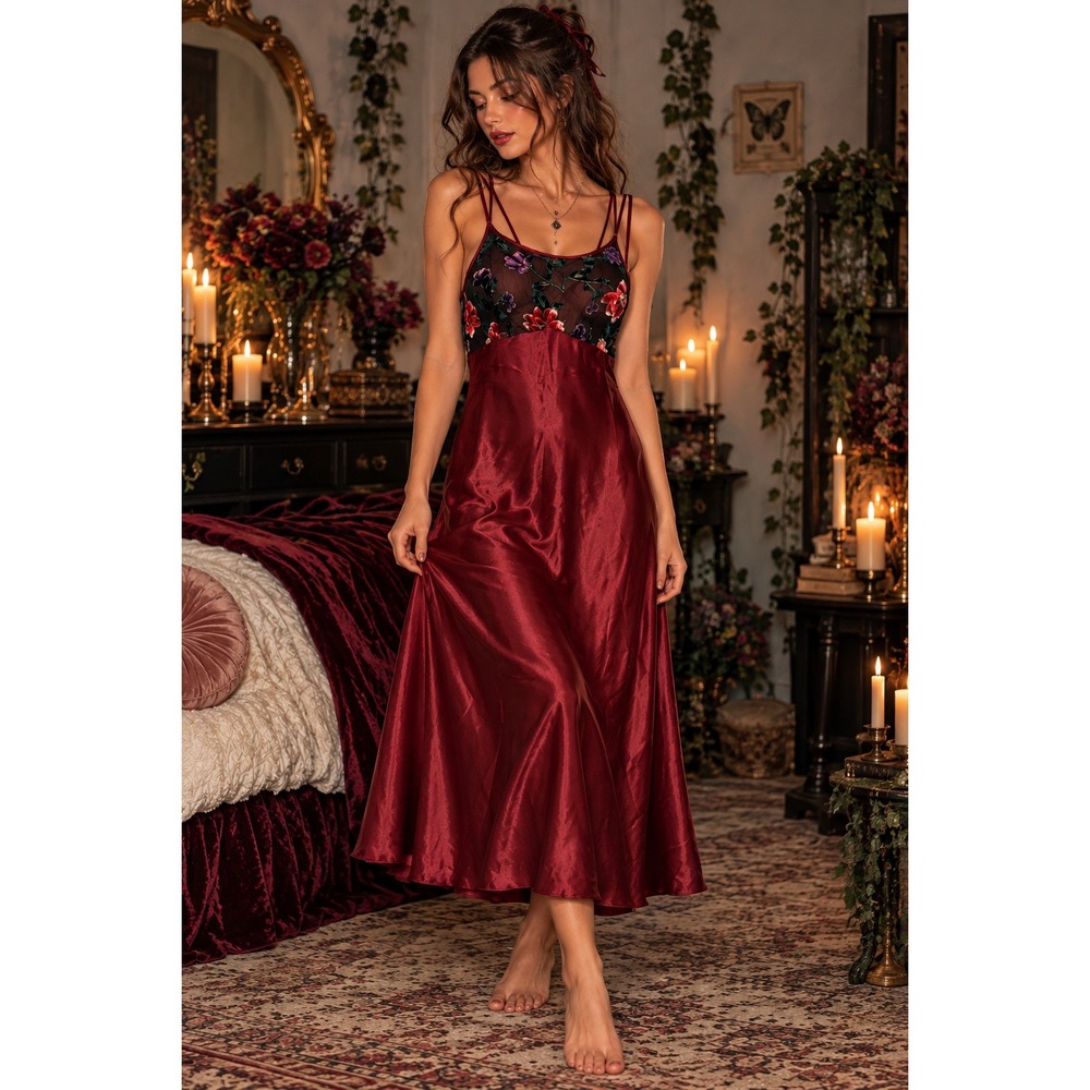 Whimsigoth Burgundy Satin Maxi Nightgown L Floral Velvet Sheer Fairy Goth Y2K